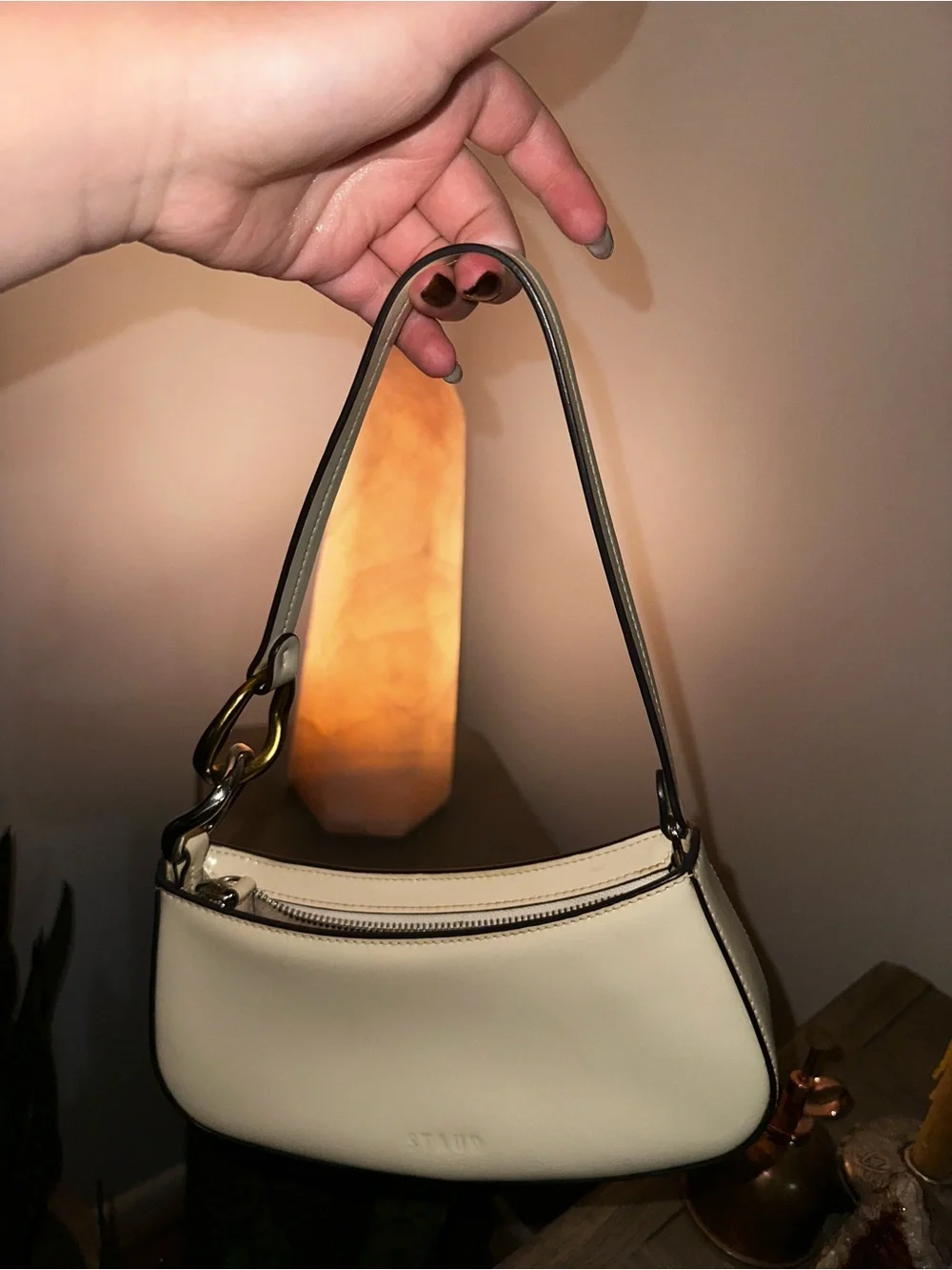 STAUD Cream Shoulder Bag with Metallic Accent
